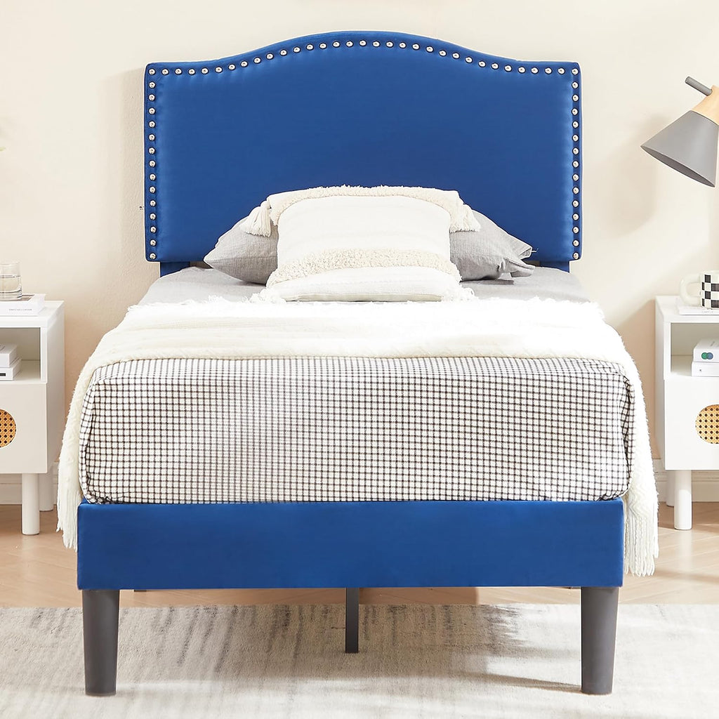 VECELO Twin Bed Frame, Platform Bed Frame with Adjustable Height Upholstered Headboard, Heavy-Duty Frame and Strong Wooden Slats Support, Non-Slip and Noise-Free, Easy Assembly, Dark Blue