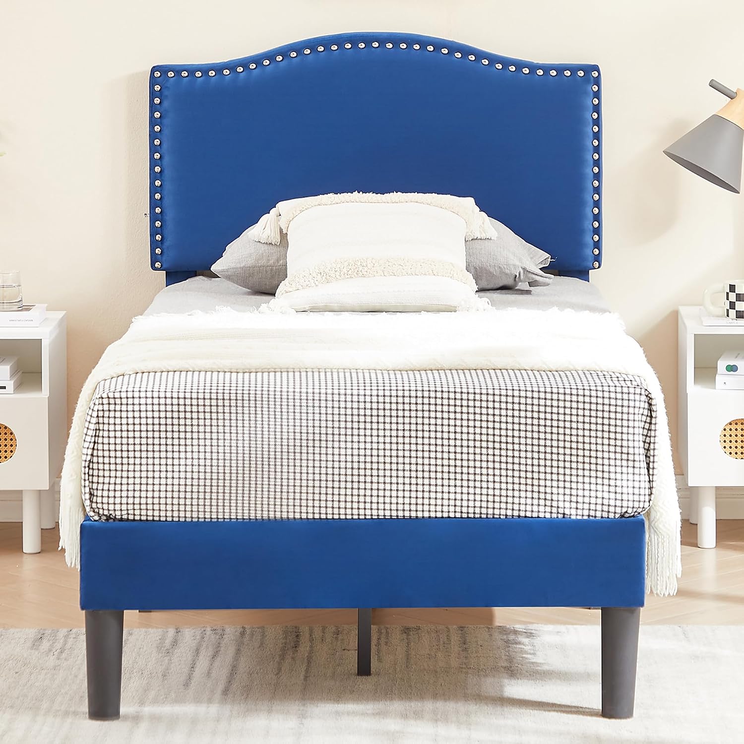 VECELO Twin Bed Frame, Platform Bed Frame with Adjustable Height Upholstered Headboard, Heavy-Duty Frame and Strong Wooden Slats Support, Non-Slip and Noise-Free, Easy Assembly, Dark Blue