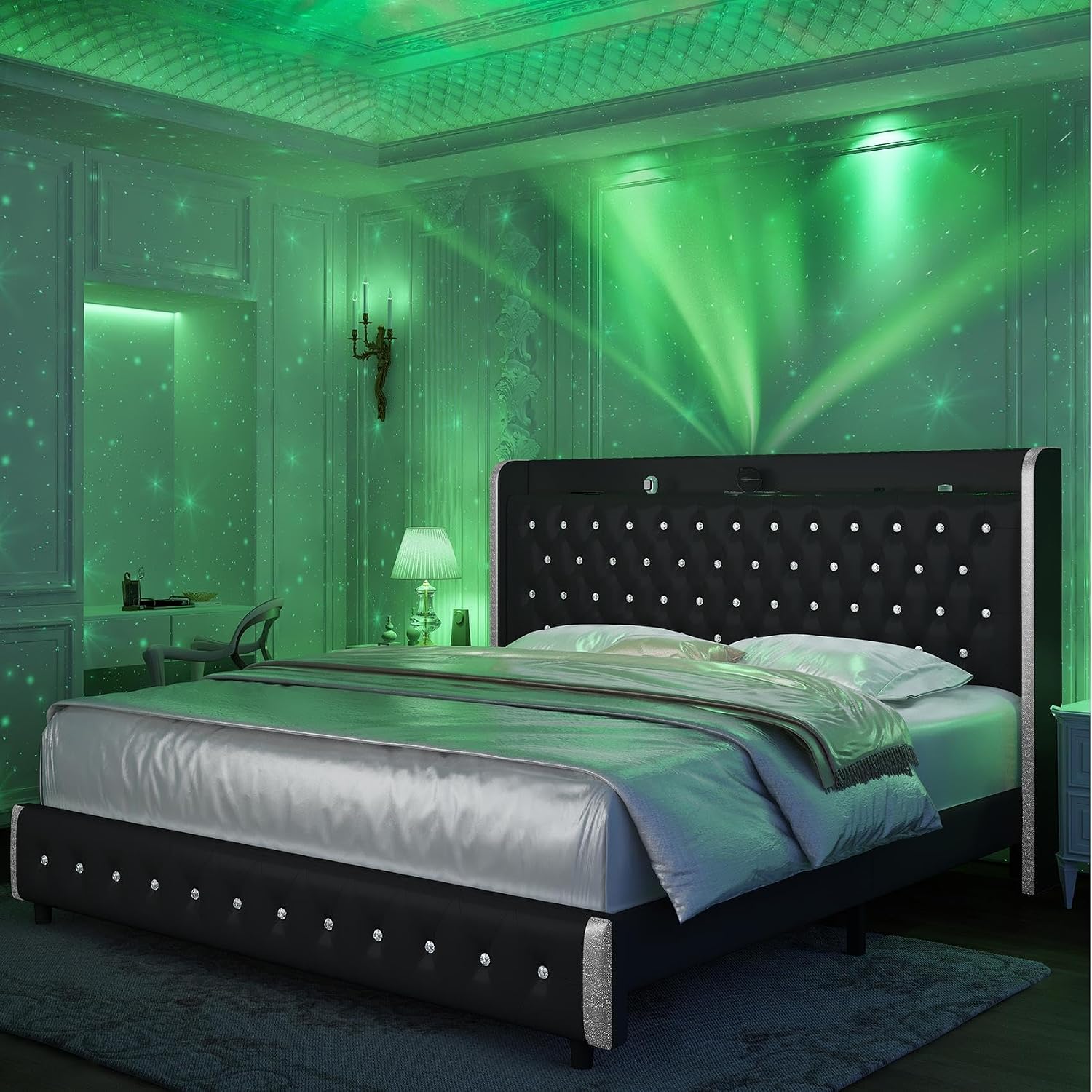 GEGOFORU Full Bed Frame with LED Lights and Galaxy Projecton, Upholstered Wingback Platform Bed, No Box Spring Needed, Sturdy Noiseless Modern Headboard with Starry Accents, Easy Assembly, PU Black