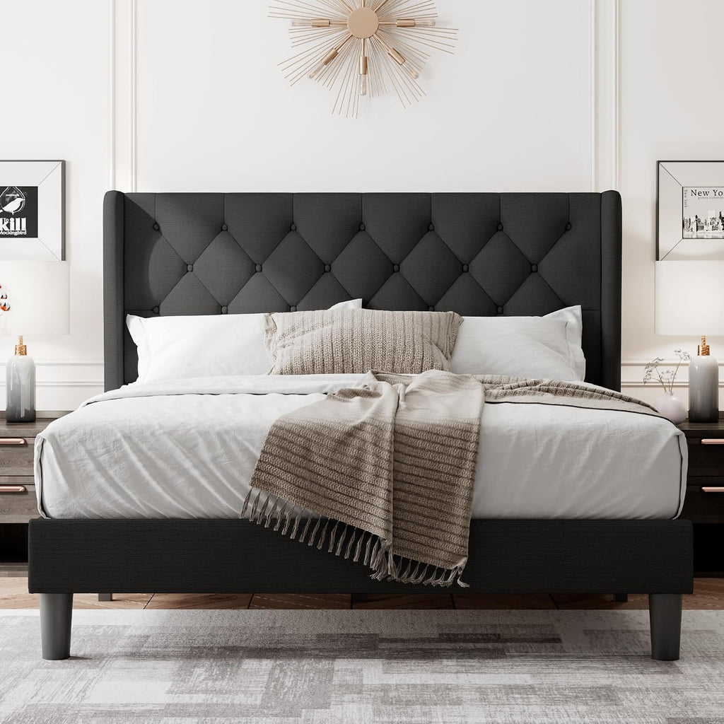 Feonase Full Size Bed Frame with Upholstered Wingback Headboard,Button Tufted Platform Bed and Heavy Duty Wooden Slats Support,Easy Assembly, Noise-Free,No Box Spring Needed, Black