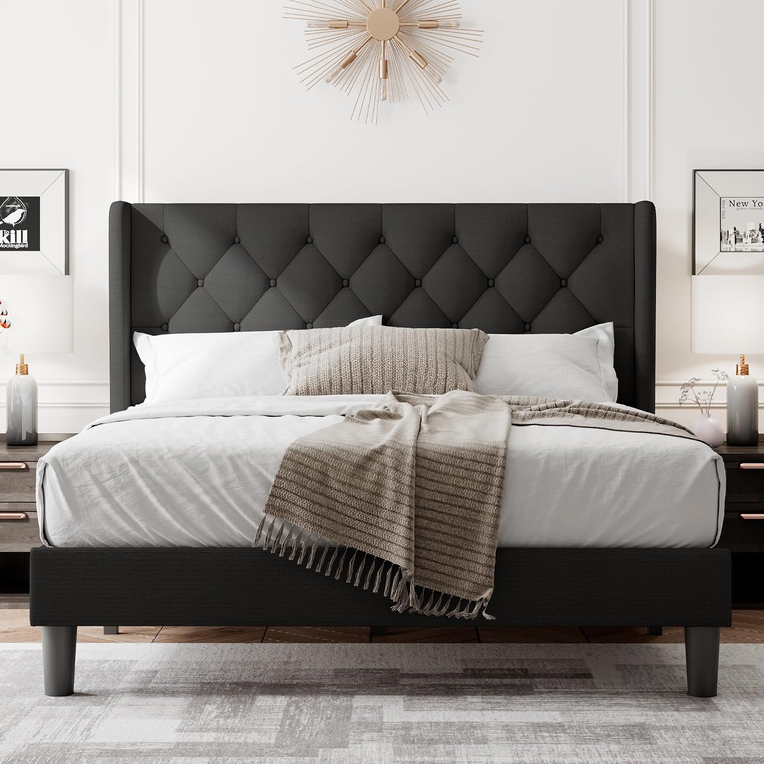 Feonase Full Size Bed Frame with Upholstered Wingback Headboard,Button Tufted Platform Bed and Heavy Duty Wooden Slats Support,Easy Assembly, Noise-Free,No Box Spring Needed, Black