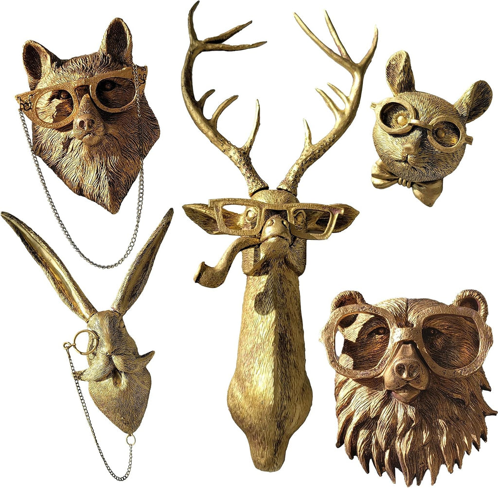 Artocery Brass Animal Head Wall Decor Gold Animal Heads Shaped Wall Hanging for Living Room Bath Room Kitchen Gardening Pub and Bar Decor for Wall Gift Ideas for Woman for Man (5pcs-brass)