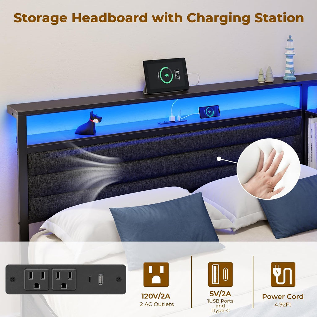 OURPIC Full Size Bed Frame with Headboard and Storage Drawers, Full Metal Platform Corner Bed Frame with Charging Station and LED Lights, Heavy Duty Strong Support Slats and Easy to Assemble, Black