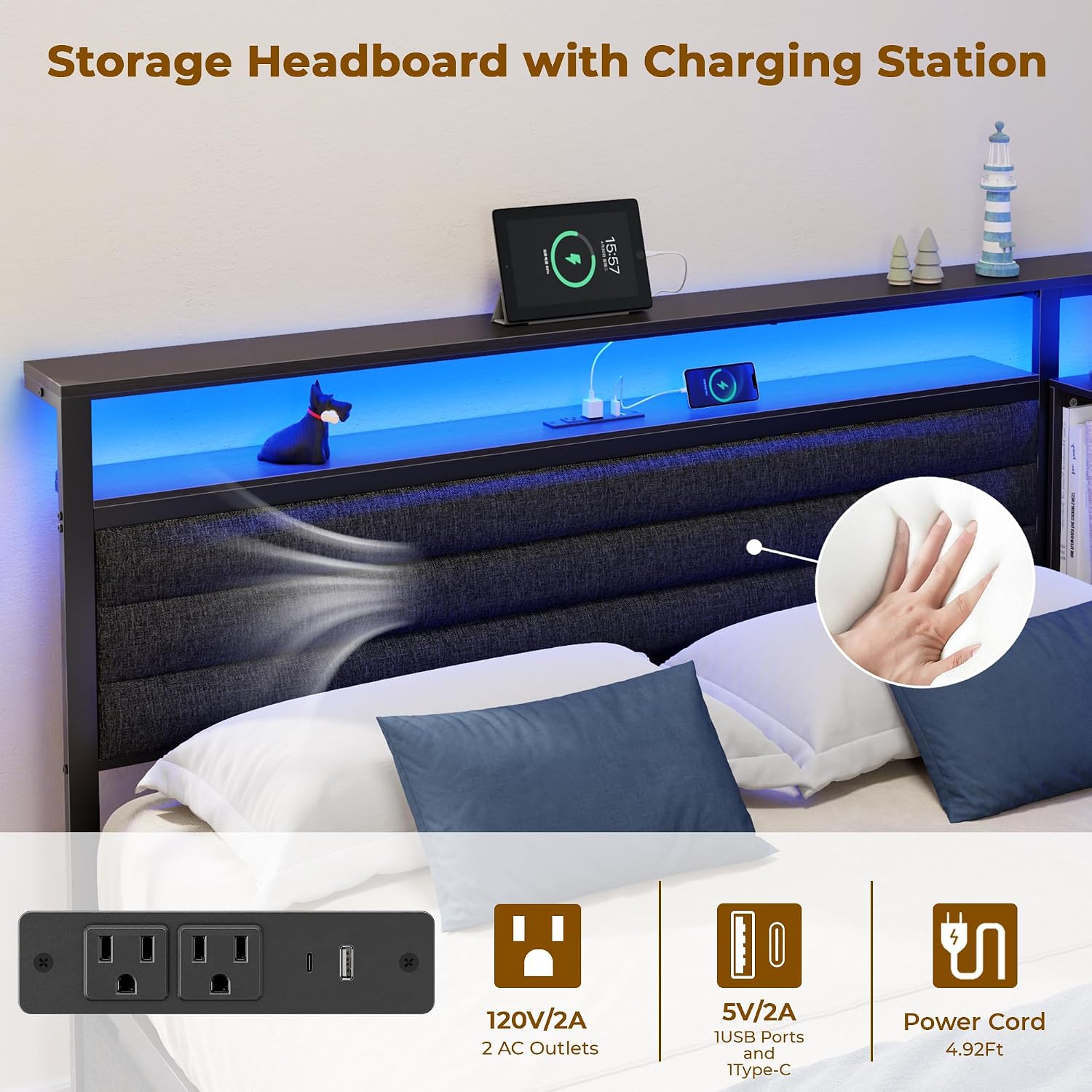 OURPIC Full Size Bed Frame with Headboard and Storage Drawers, Full Metal Platform Corner Bed Frame with Charging Station and LED Lights, Heavy Duty Strong Support Slats and Easy to Assemble, Black