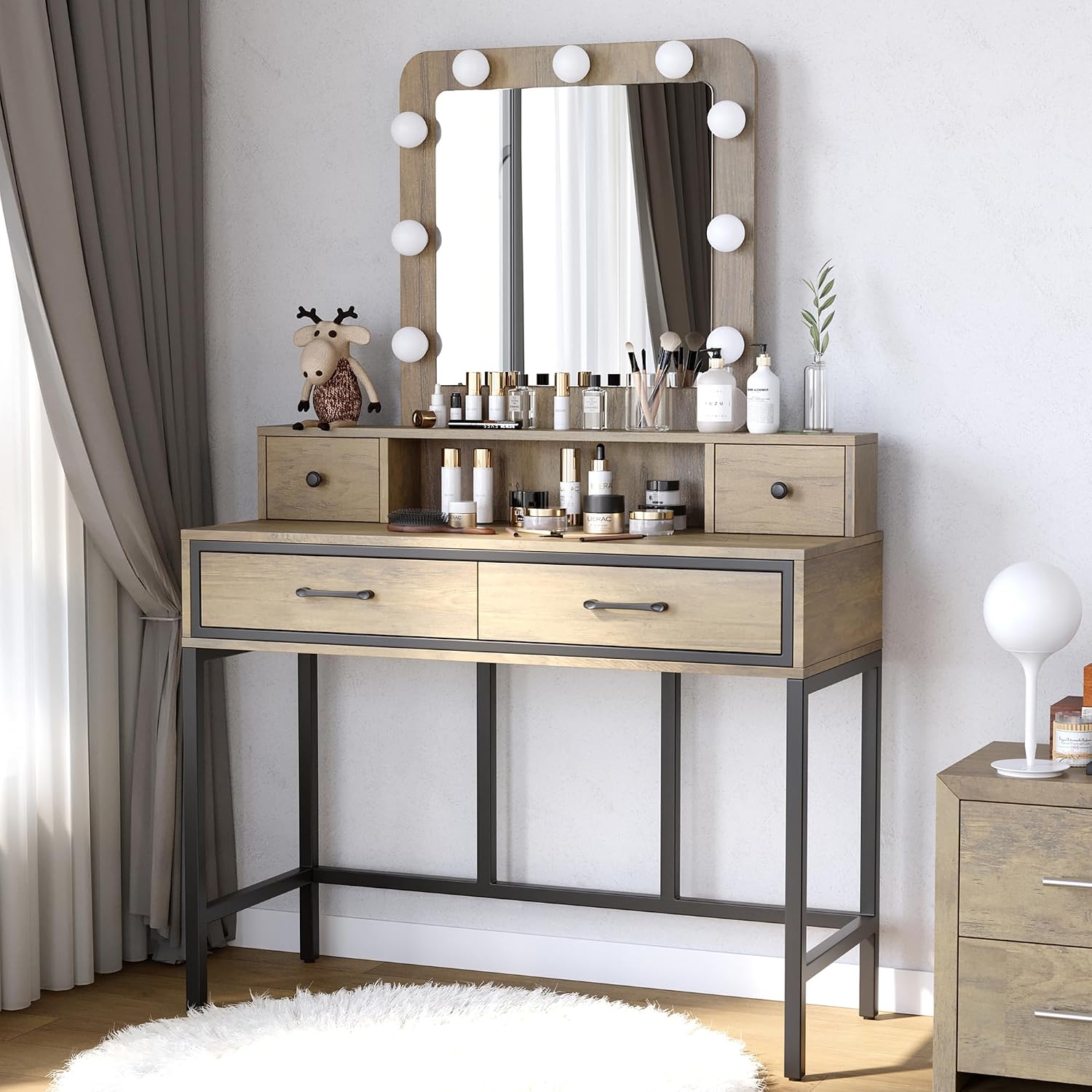 RoyalCraft Vanity Desk with Mirror and Lights, Makeup Vanity with 3 Color Dimmable Lighted Hollywood Mirror, Brown Makeup Table with 4 Drawers, Large Dressing Table for Women Girls
