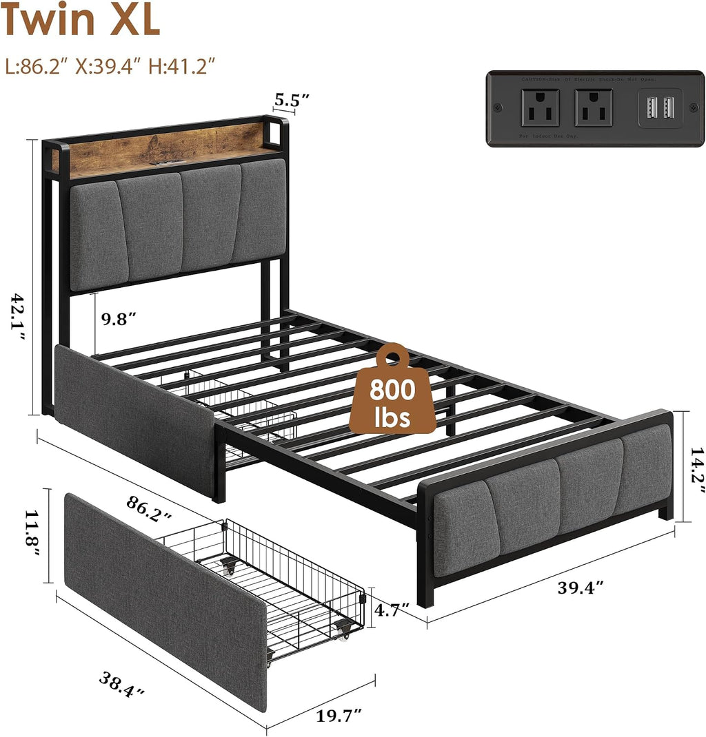 Twin-XL Size Bed Frame with 2 Storage Drawers and Charging Station, Rustic Linen Upholstered Platform Bedframe with Storage Headboard, Heavy Duty, No Box Spring Needed, Easy Assembly, Noise Free
