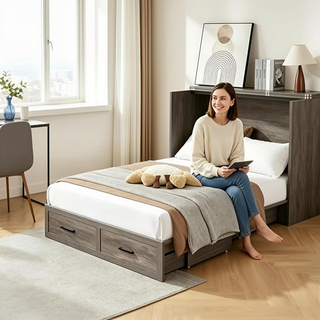 Full Murphy Bed Cabinet with Charging Station and Storage, Farmhouse Foldable Platform Bed for Guest Bedroom,Home Office Bed Frame with Storage,Rustic Grey (Full Size)