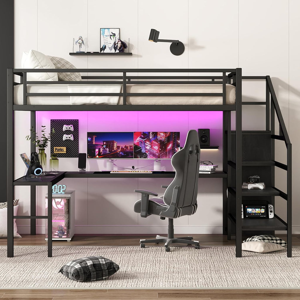 Bellemave Metal Queen Size Loft Bed with Desk and Storage Stairs,Heavy Duty Loft Bed Frame Queen Size with LED Lights,Wardrobe and Charging Station for Kids,Teens,Adults,Black