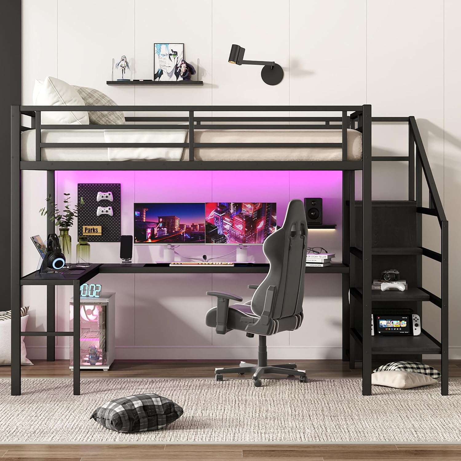 Bellemave Metal Queen Size Loft Bed with Desk and Storage Stairs,Heavy Duty Loft Bed Frame Queen Size with LED Lights,Wardrobe and Charging Station for Kids,Teens,Adults,Black