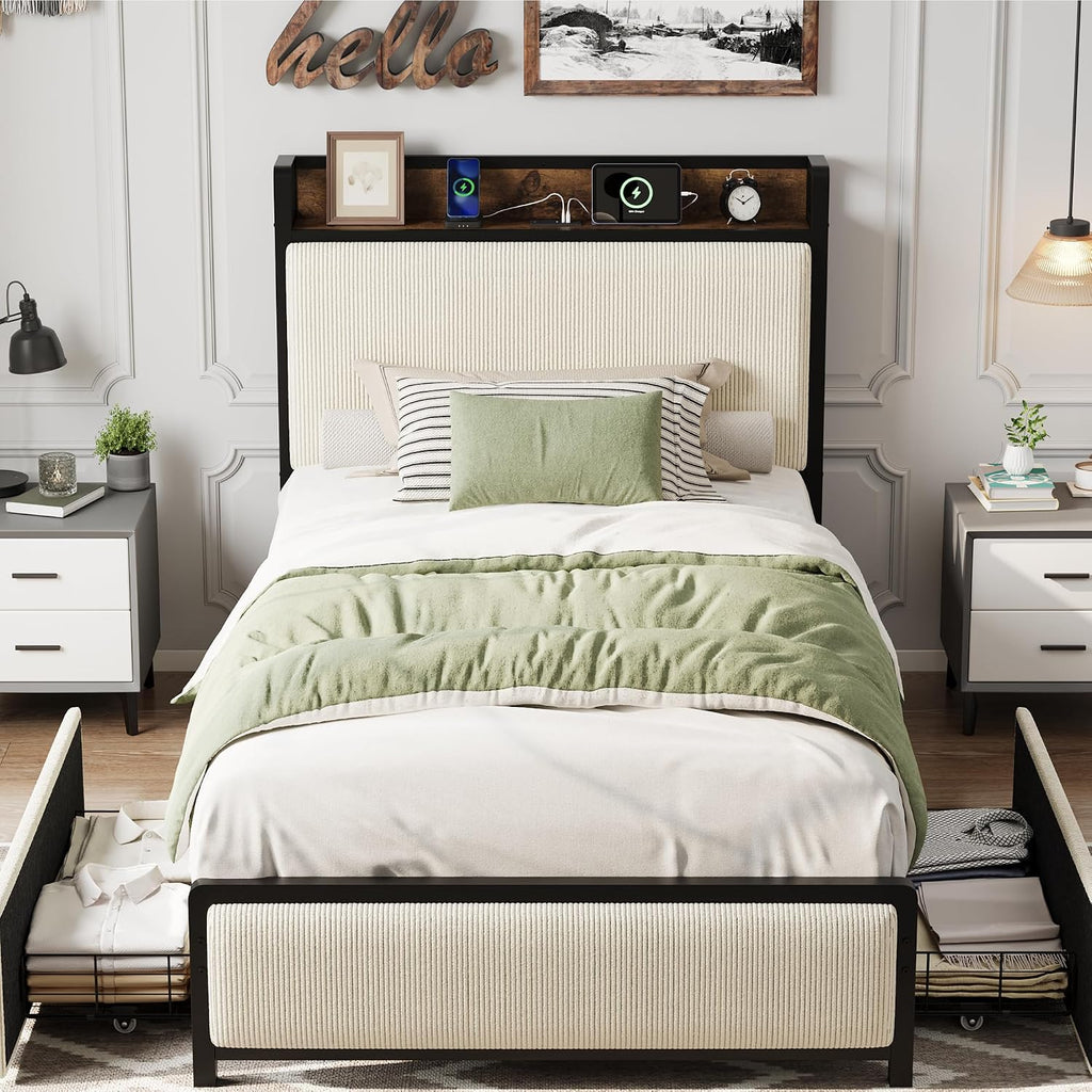GAOMON Twin Size Bed Frame with 2 Storage Drawers and Charging Station, Rustic Velvet Upholstered Platform Bedframe with Storage Headboard, No Box Spring Needed, Easy Assembly, Noise Free, Beige