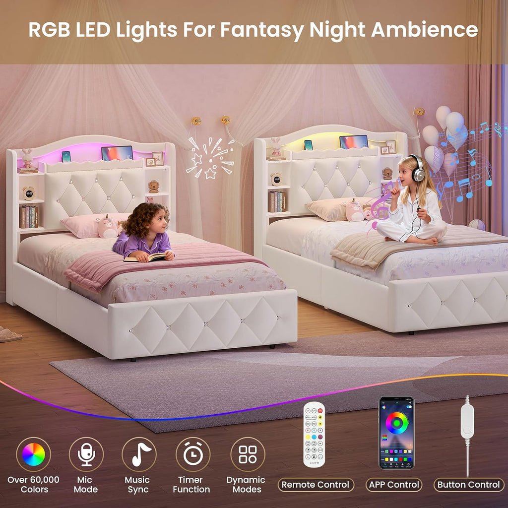 DICTAC Twin Size Bed Frame for Kids with Storage Drawers, Bookcase Headboard, LED Lights and Power Outlets, Diamond Tufted Velvet Upholstered Princess Platform Bed, Heavy-Duty Metal Support, Beige