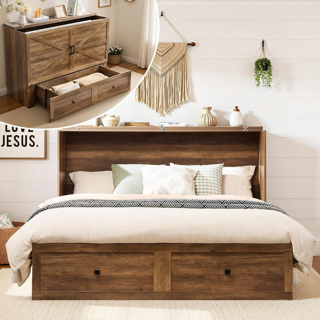 LUXOAK Full Murphy Bed with Storage and Charging Station, Farmhouse Cabinet Bed, Noise-Free, for Guest Room, Apartment, or Office, Barnwood