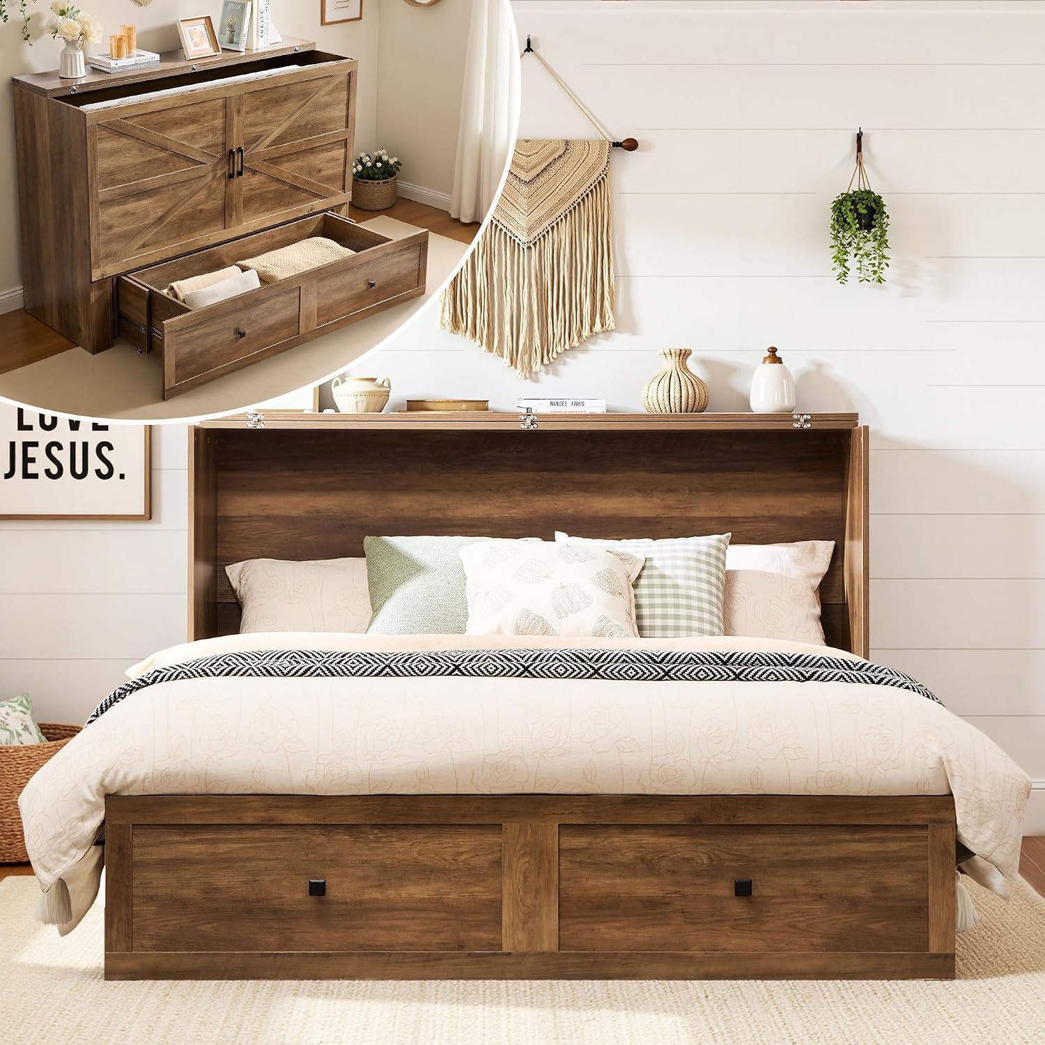 LUXOAK Full Murphy Bed with Storage and Charging Station, Farmhouse Cabinet Bed, Noise-Free, for Guest Room, Apartment, or Office, Barnwood