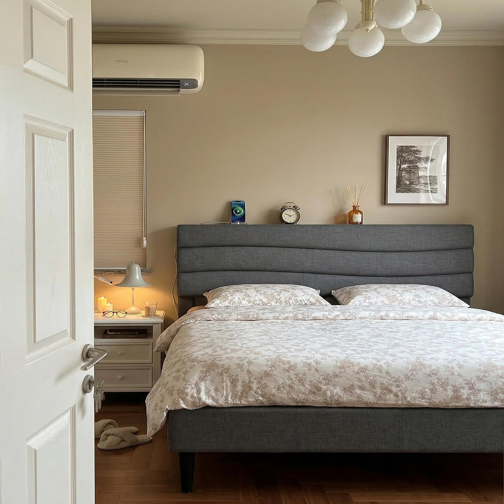 EnHomee King Bed Frame with Adjustable Height Upholstered Headboard, 3 USB Charging Ports, Noise-Free Platform Bed, No Box Spring Needed, Grey