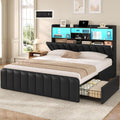 DICTAC Queen Bed Frame with Bookcase Headboard, Upholstered Bed Frame with Storage and 4 Oversized Drawers, LED Lights and Charging Station, Strong Metal Slats, No Box Spring Needed, Noise Free, Black