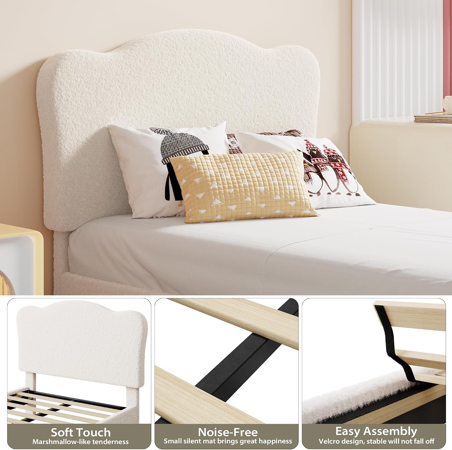 GarveeHome Upholstered Twin XL Size Bed Frame for Kids with Scallop Headboard, Cute Velvet Twin XL Bed for Girls, Boys, Sturdy Platform Bed, No Box Spring Needed, Wooden Slats, Noise Free, Beige