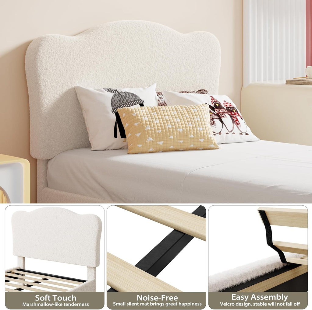 GarveeHome Upholstered Full Size Bed Frame for Kids with Scallop Headboard, Cute Velvet Full Bed for Girls, Boys, Sturdy Platform Bed, No Box Spring Needed, Wooden Slats, Noise Free, Beige