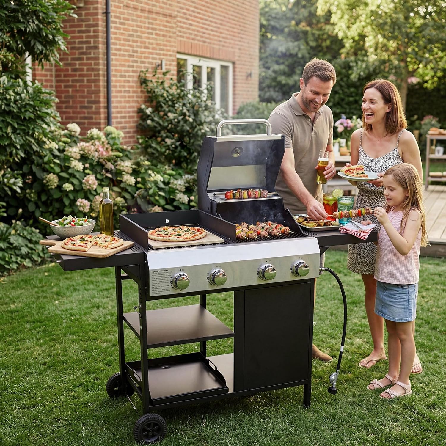 Endark 49,200 BTU 4-Burner Multi-Function Stainless Steel BBQ Grill - For Outdoor Cooking, Patio Backyard Barbecue, Camping - Griddle Combo for BBQ,FRYING and PIZZA