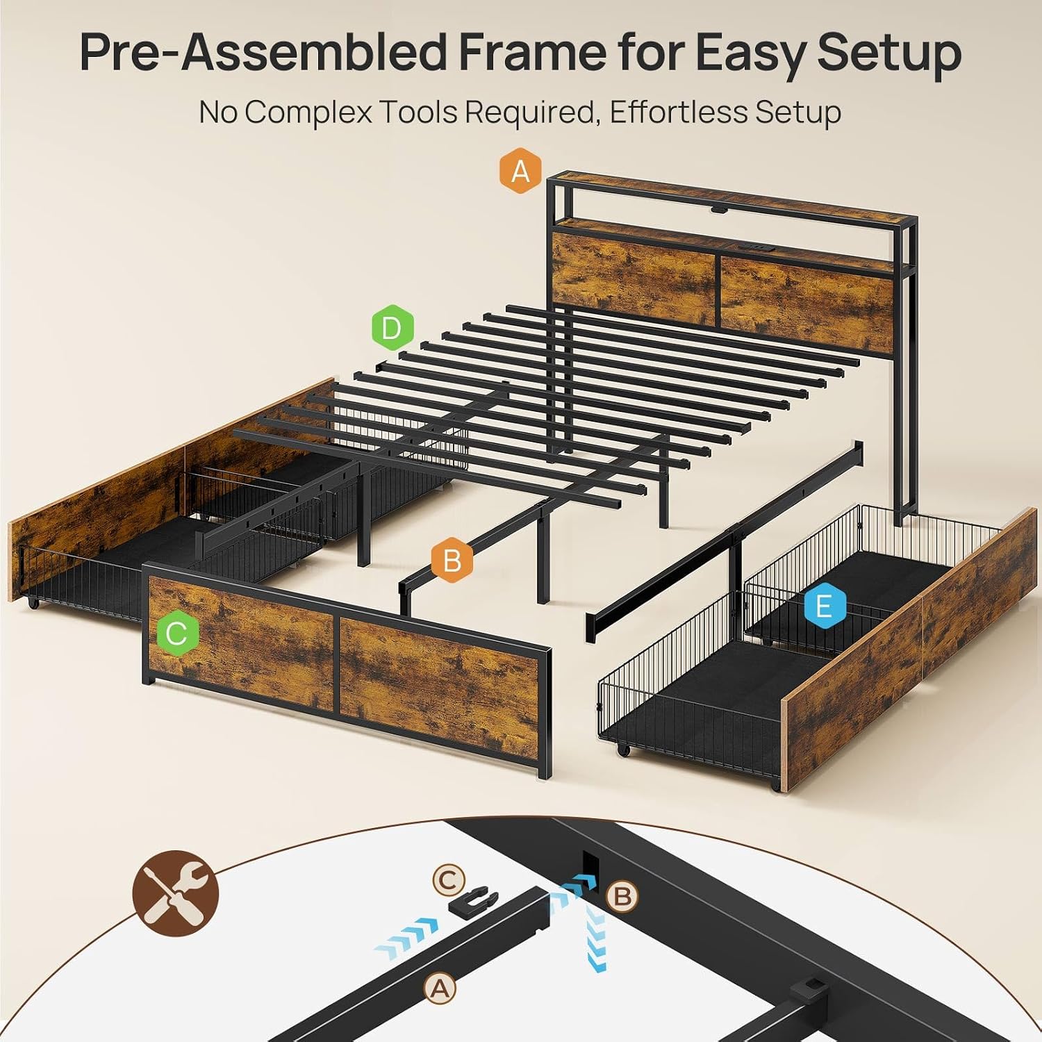 Rolanstar Full Size Bed Frame with 4 Storage Drawers, Charging Station and LED Lights, Metal Platform Bed with 2-Tier Storage Headboard, No Box Spring Needed, Easy Assembly, Noise-Free, Rustic Brown