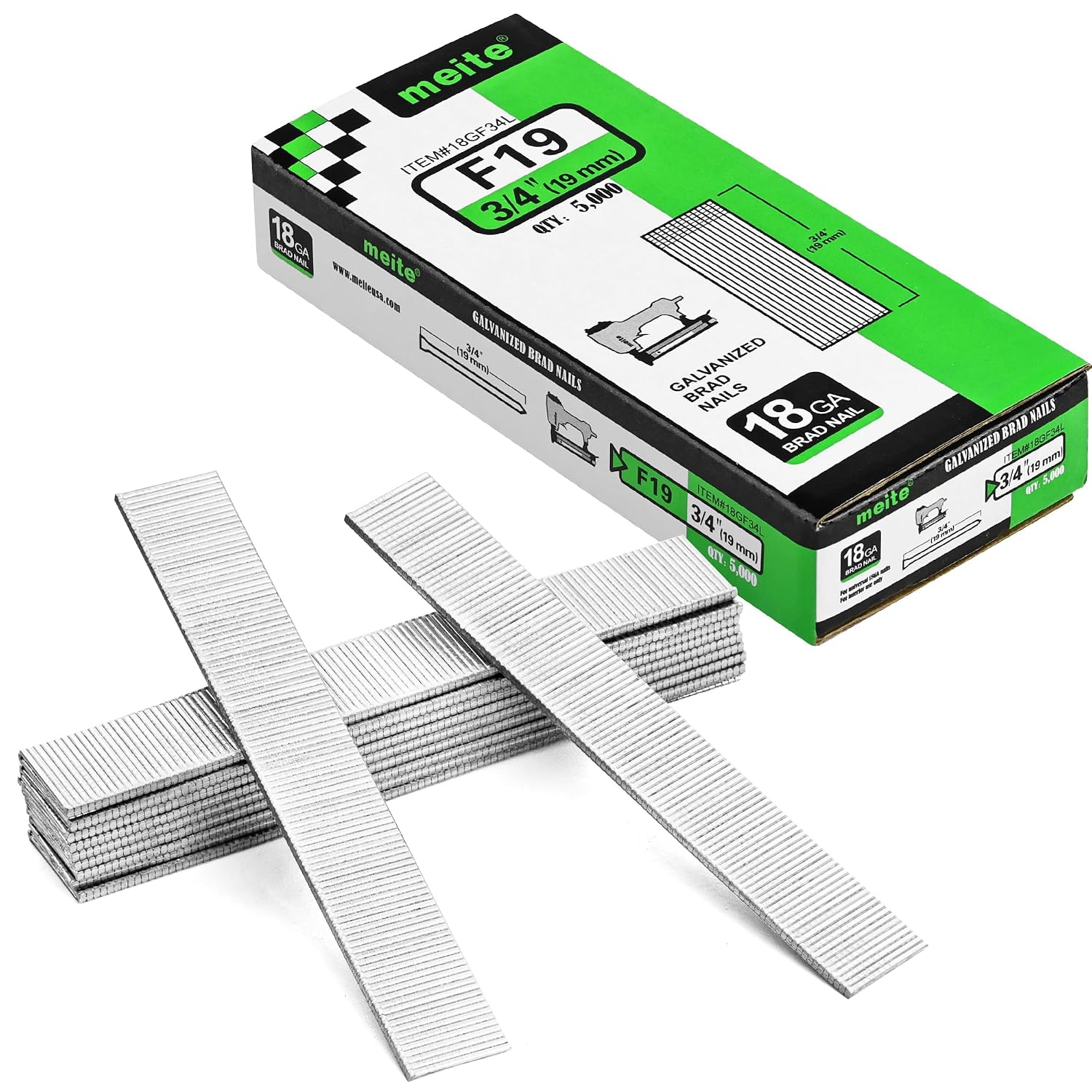 meite 18 Gauge 3/4-Inch Galvanized Brad Nail F19 for Pneumatic, Electric Brad Nailer Gun (1 Case - 20 Boxes)