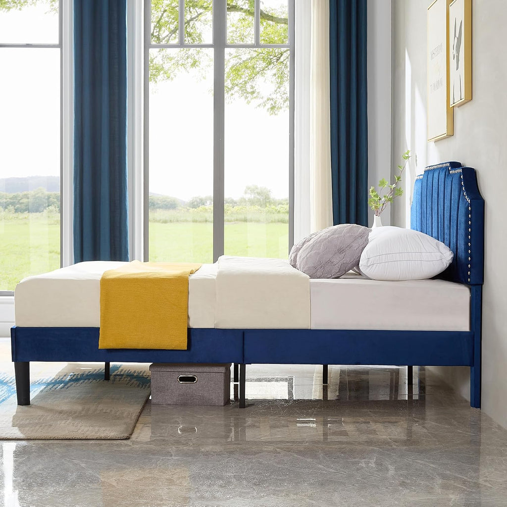 VECELO Full Upholstered Platform Bed Frame with Tufted Adjustable Headboard/Mattress Foundation/Wood Slat Support,Easy Assembly,Navy Blue