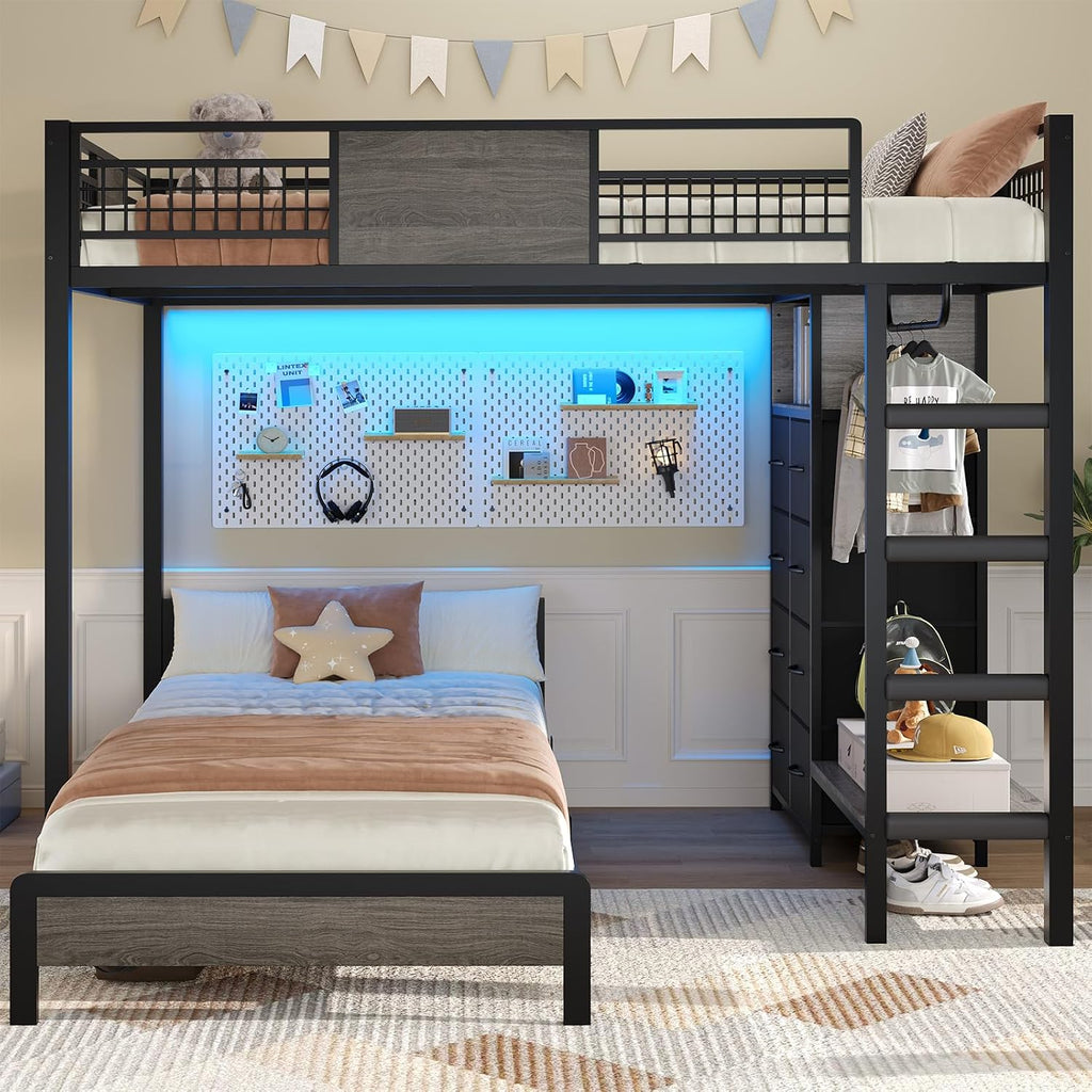 ADORNEVE Full Over Twin Bunk Bed with 8 Storage Drawers, Metal Loft Bed with Led Lights & Storage Shelves, Bunk Beds Twin Over Full Size with 13.4' H Safety Guardrail & Ladder, for Kids & Teens, Grey