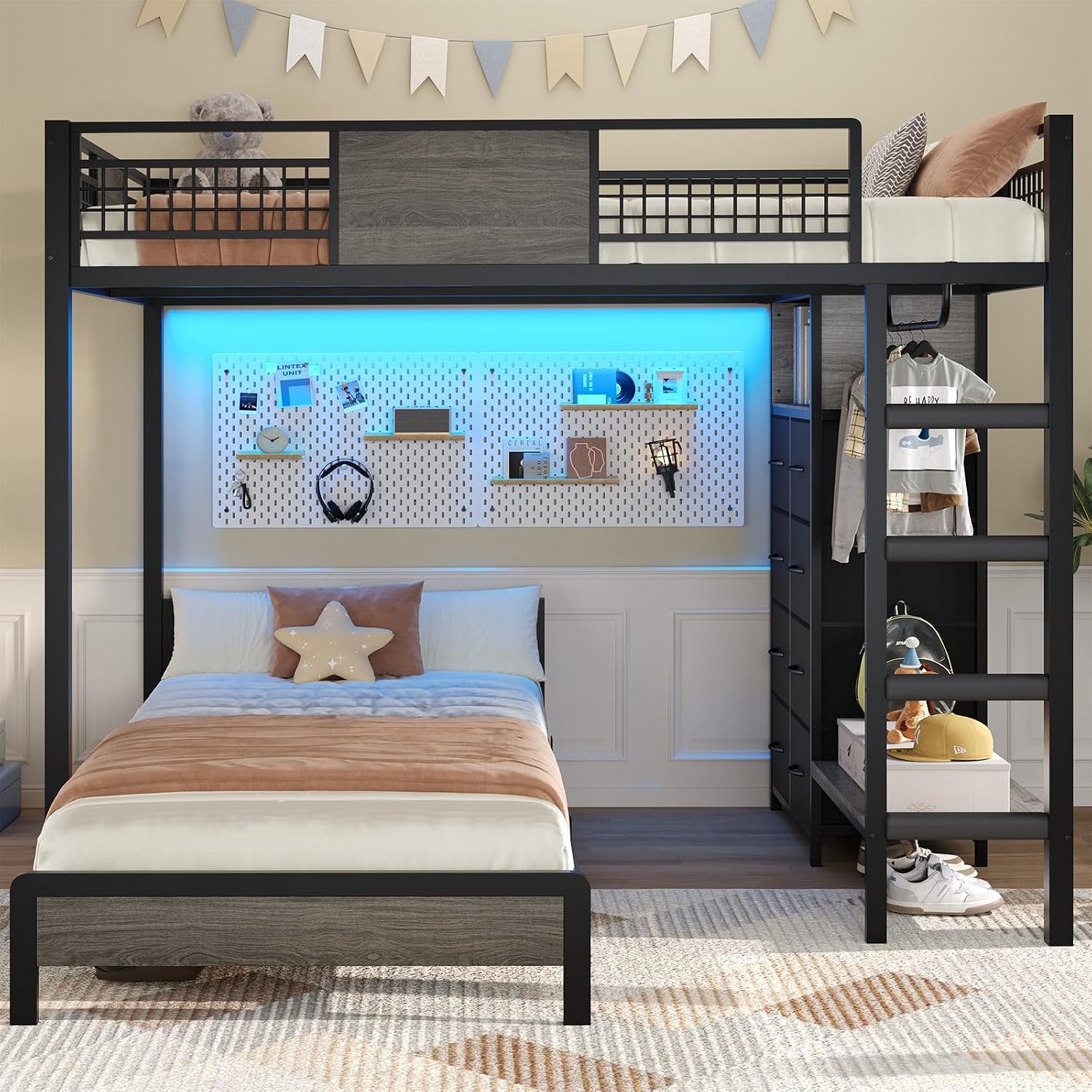 ADORNEVE Full Over Twin Bunk Bed with 8 Storage Drawers, Metal Loft Bed with Led Lights & Storage Shelves, Bunk Beds Twin Over Full Size with 13.4' H Safety Guardrail & Ladder, for Kids & Teens, Grey