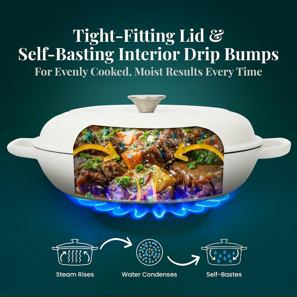 Larder & Vine Enameled Cast Iron Braiser | 3.6 qt Braiser Pan with Lid | Shallow Dutch Oven Compatible on All Cooktops | Casserole Dish Oven Safe to 500° F | Dual Handles | White