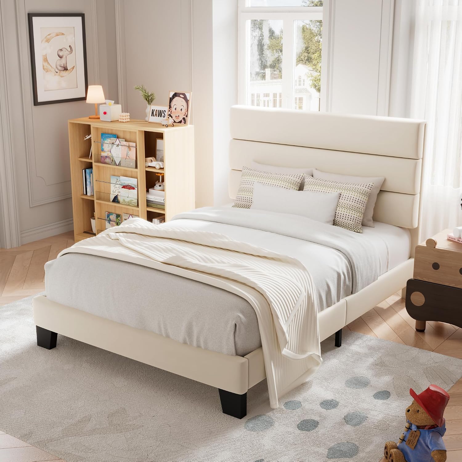 Allewie Twin Size Platform Bed Frame with Fabric Upholstered Headboard and Wooden Slats Support, Fully Upholstered Mattress Foundation/No Box Spring Needed/Easy Assembly, Cream