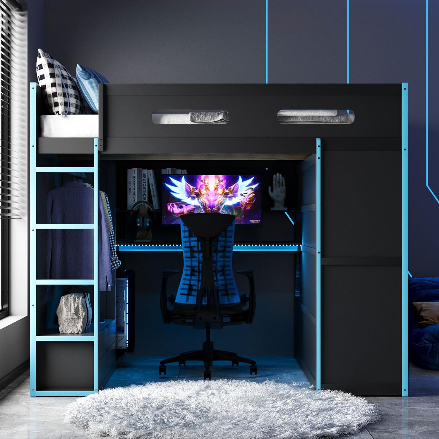 Ball & Cast Full Size Gaming Bed with Desk and Wardrobe,Wood Gamer Bed Frame w/Ample Storage Space & RGB Light,Full-Length Guardrails,USB Port,Ladder,Bedroom Furniture for Student Dorms,Cloud Blue