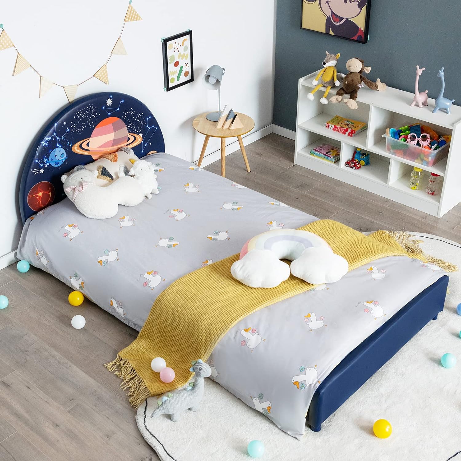 Costzon Twin Bed Frames for Kids, Wood Upholstered Twin Bed Platform with Slat Support, Padded Headboard&Footboard, No Box Spring Needed, Easy Assembly, Fits Standard Twin Mattress (Planet)