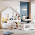 VilroCaz Twin Size Kids Floor Bed with Safety Fence, Solid Wood Montessori Platform Bed with House Shape Headboard with Bedside Drawers, Shelves, Sockets and USB Port for Kids Boys Girls (White-LT1)