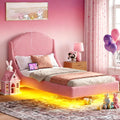 Ailisite Twin Size Floating Bed Frame with Upholstered Headboard and Charging Station, Boucle Platform Bed Frame Queen Size with RGB Led Lights, Strong Wood Slat Support, No Box Spring Needed,Pink