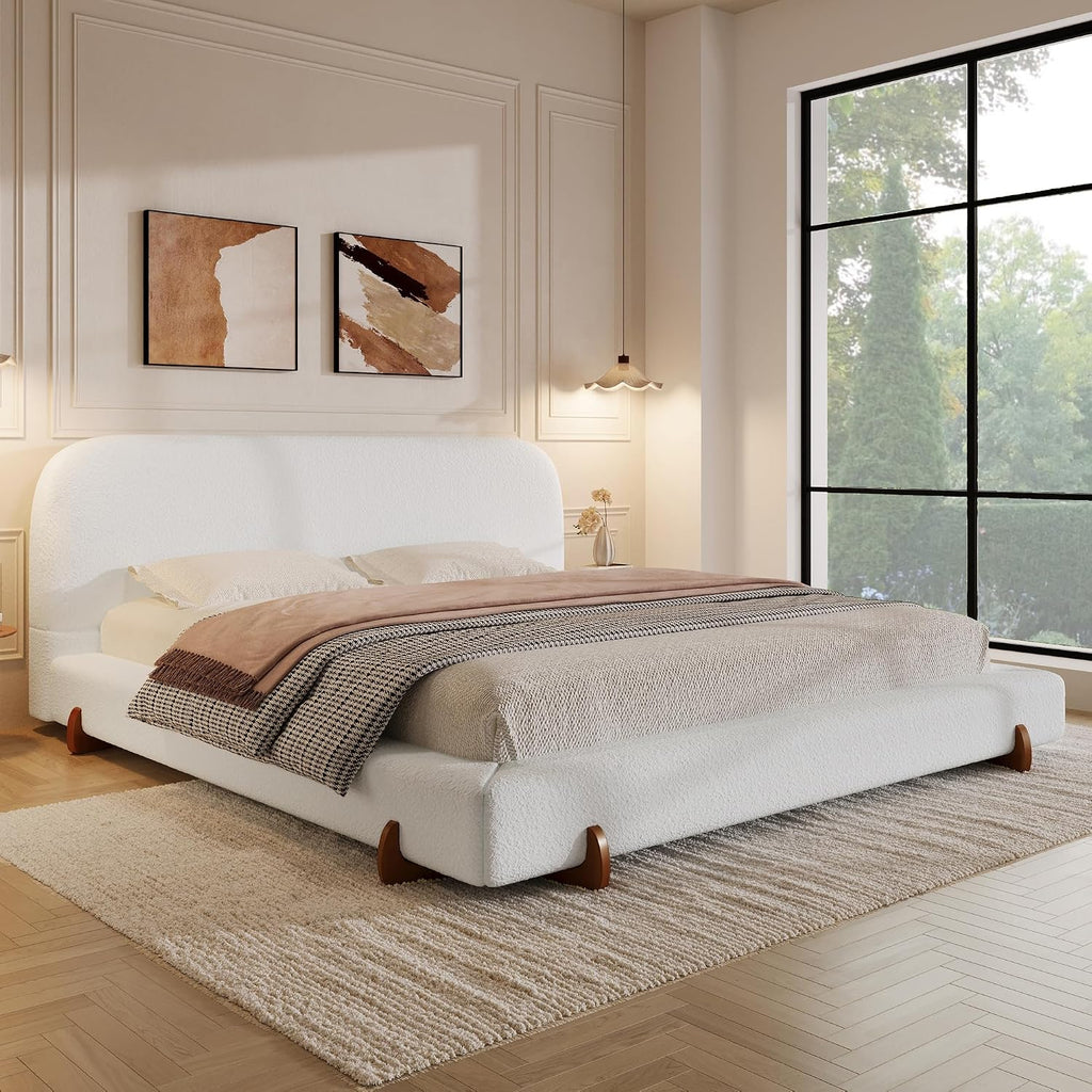 Christopher Knight Home Destin Modern California King Size Bed Frame and Headboard, Solid Wood California King Platform Bed Frame with Upholstered Headboard, No Box Spring Needed, Easy Assembly, White
