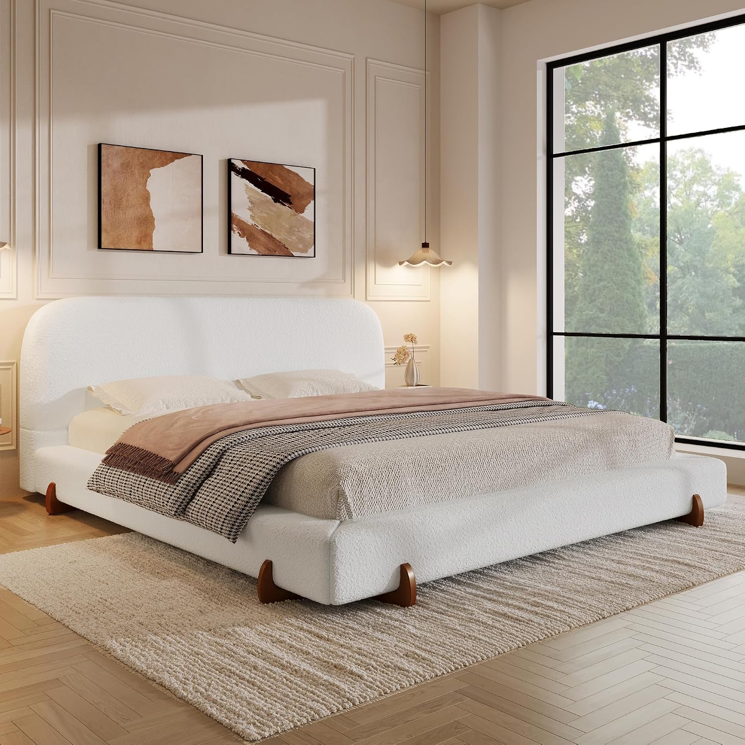 Christopher Knight Home Destin Modern California King Size Bed Frame and Headboard, Solid Wood California King Platform Bed Frame with Upholstered Headboard, No Box Spring Needed, Easy Assembly, White