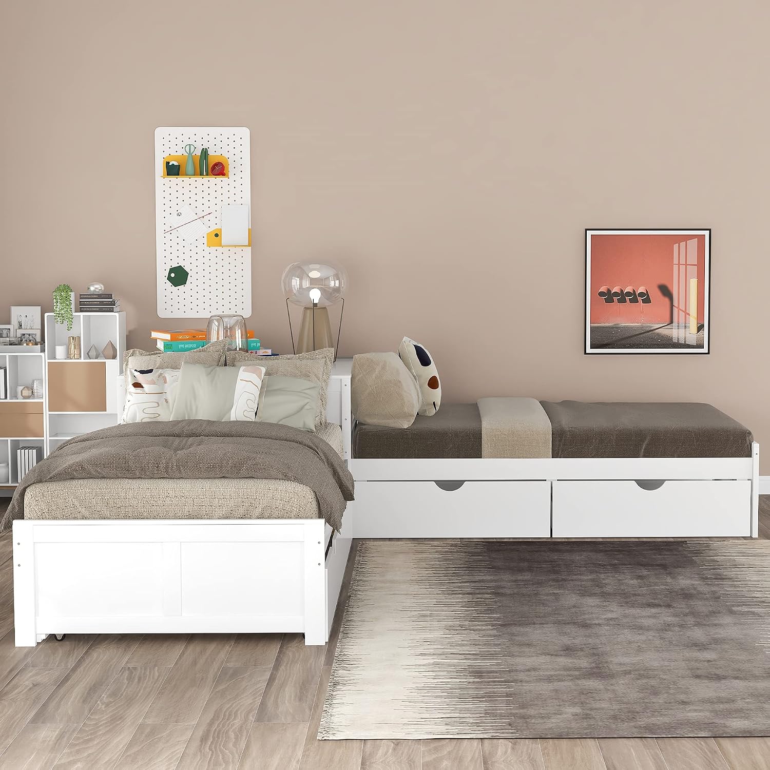 Merax Storage Daybed with Trundle, Twin Size L-Shaped Platform Bed with Convertible Trundle, Two Drawers and Built-in Desk for Living Room, Bedroom, Guest Room, No Box Spring Needed (White)