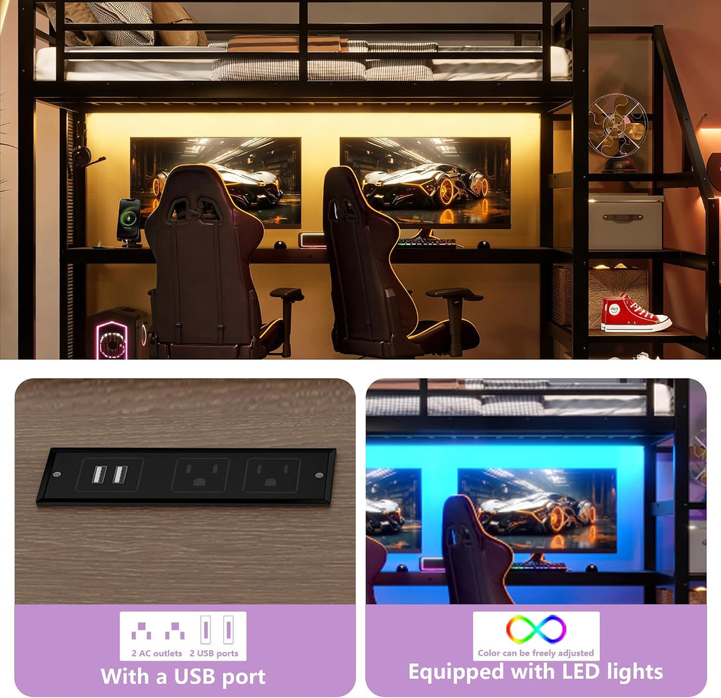 Bellemave Full Loft Bed with Desk & Storage Stairs, Metal Full Size Loft Bed Frame with Iron Nets, LED Lights & USB Ports, Heavy Duty Adult LoftBed for Bedroom, Noise-Free, Black