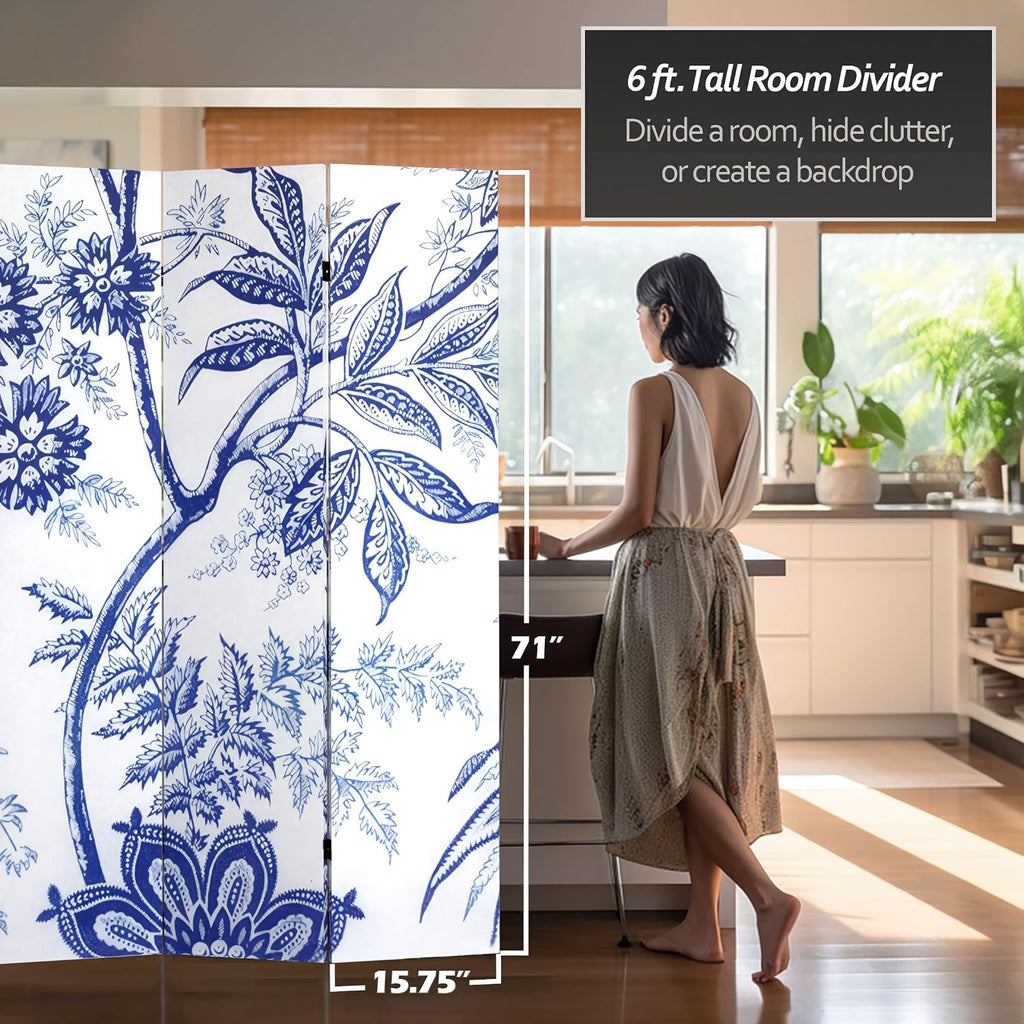 Red Lantern 6 ft. Tall Blue Toile Double Sided Room Divider 3 Panel Freestanding Folding Privacy Screen Partition and Separator for Modern and Contemporary Bedroom Home Office Dorm