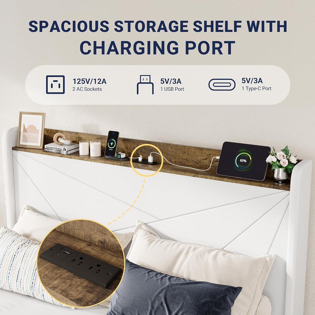 Allewie Full Size Velvet Bed Frame with 3 Storage Drawers, Upholstered Platform Bed with Wingback Storage Headboard and USB Ports, No Box Spring Needed, Easy Assembly, White