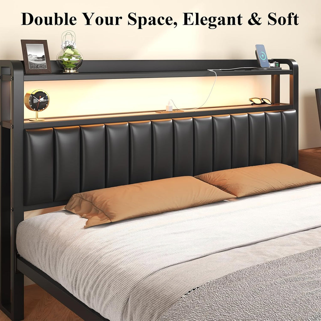 LOEWAY Full Size Bed Frame with Storage Headboard, Metal Platform Bed with LED Lights, Charging Station, Storage Drawers, Noise Free, No Box Spring Needed, Black