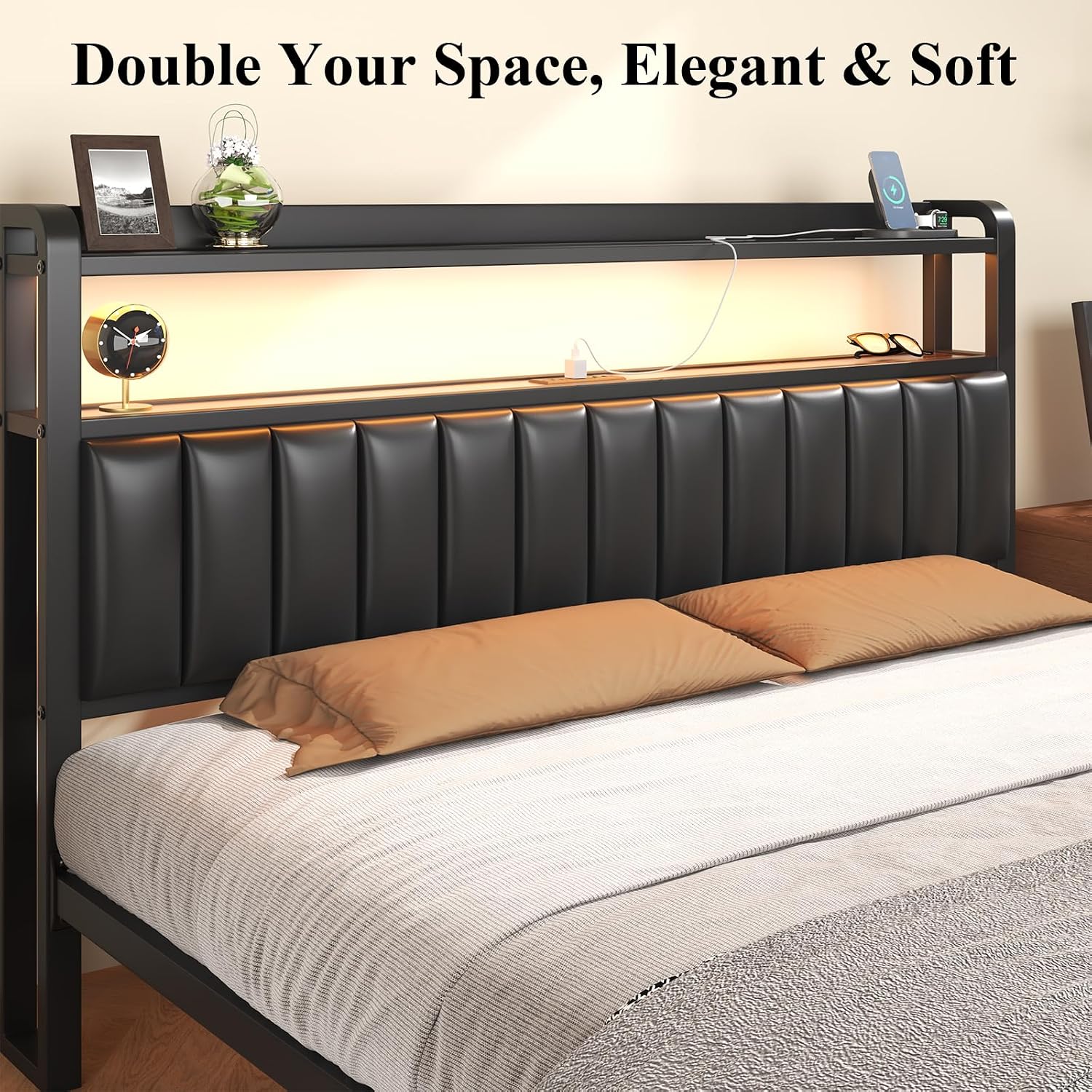LOEWAY Queen Storage Bed Frame, Upholstered Platform with Drawers and Headboard, LED Lights & Charging Station, Under Bed Storage, No Box Spring Needed, Black