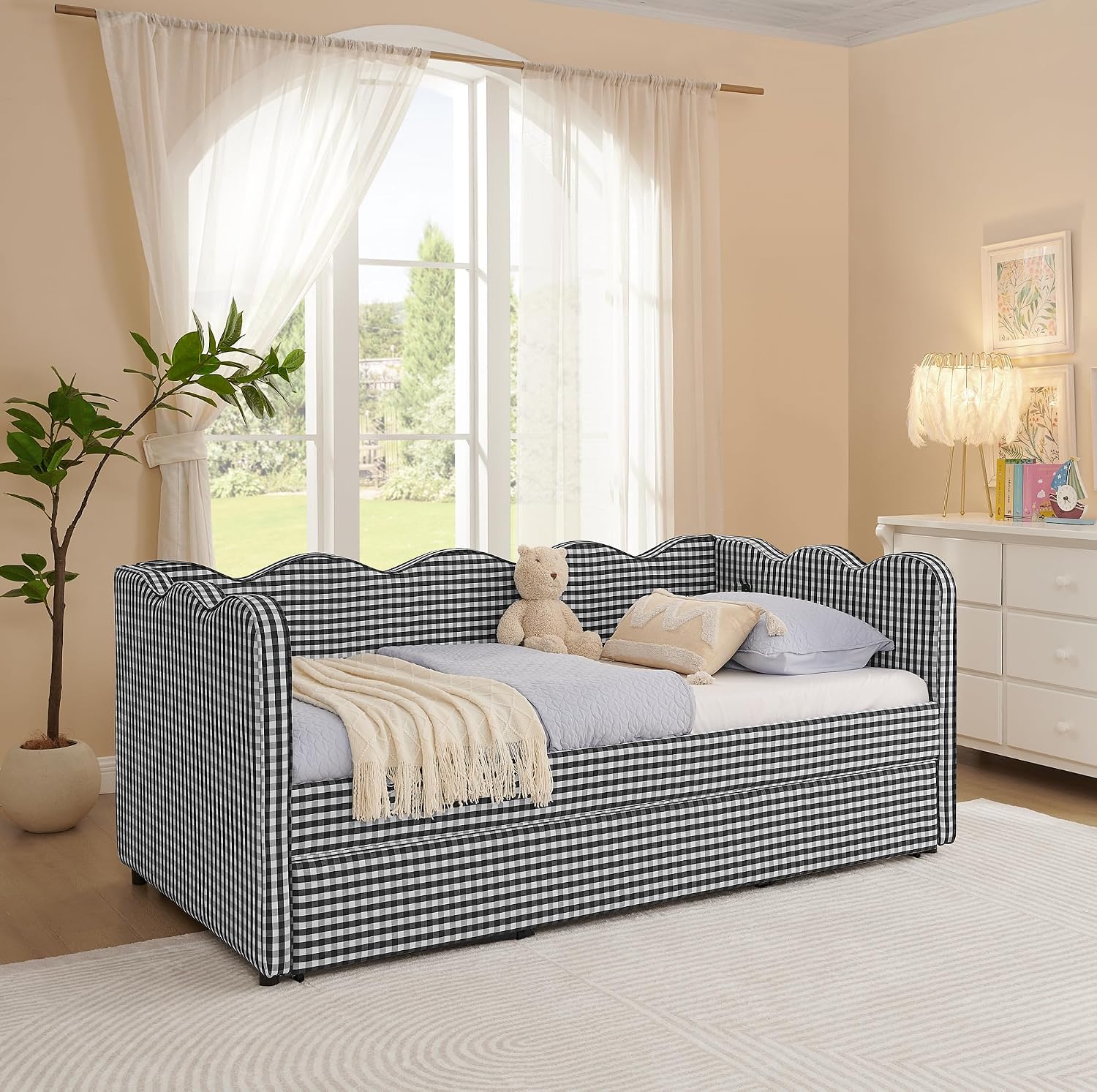 Twin to King Daybed with Trundle, USB Ports Soft Upholstered Daybed with Pop Up Trundle Bed Twin , Modern Extendable Day Bed Frame for Kids Bedroom Living Room Guest Room Small Places Geometric Black