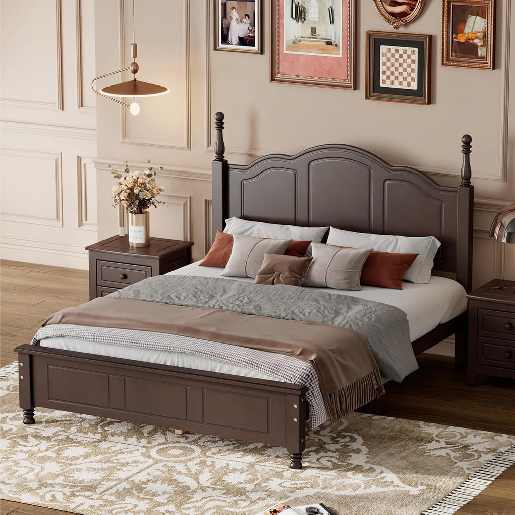 Flieks Full Size Wood Platform Bed Frame,Retro Style Platform Bed Frame for Boys Girls Kids Adults Toddler with Wooden Slat Support,Dark Walnut