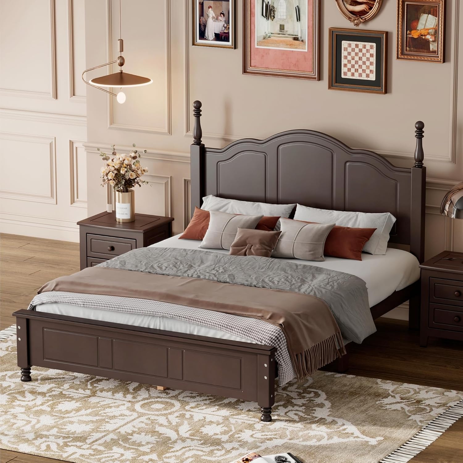 Flieks Full Size Wood Platform Bed Frame,Retro Style Platform Bed Frame for Boys Girls Kids Adults Toddler with Wooden Slat Support,Dark Walnut