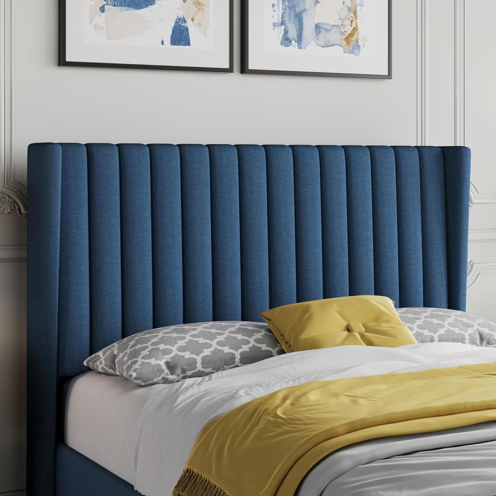 Yaheetech Full Size Bed Frame, Upholstered Platform Bed with Wing Edge Headboard, Square Tufted Fabric/Mattress Foundation/Wooden Slats Support/No Box Spring Needed/Easy Assembly/Navy Blue