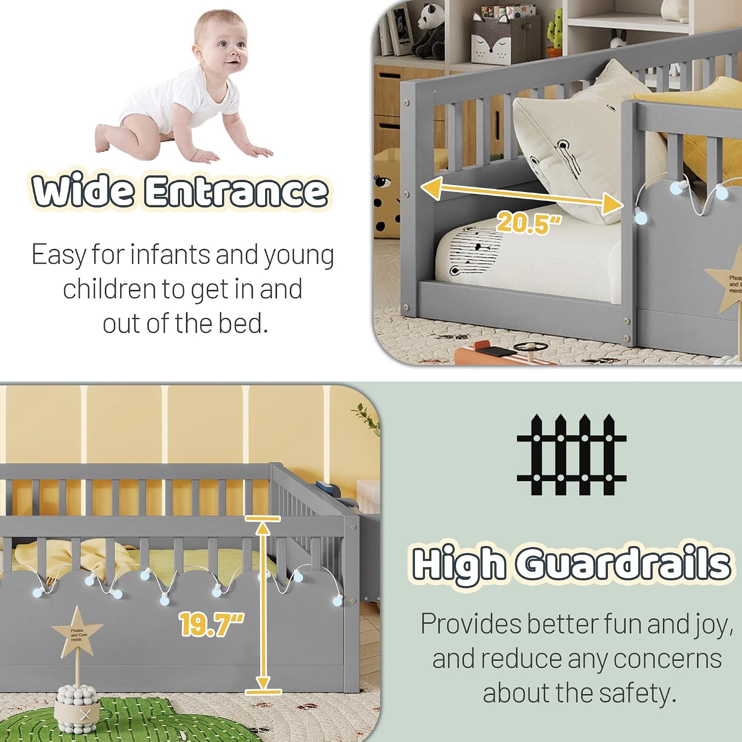 Montessori Floor Bed with High Rails,Full Size Floor Bed Frame for Kids, LED Lights & Storage Shelf, Safe & Wider Opening Gate Design, Playground & Sleep Space for Girls Boys,Grey