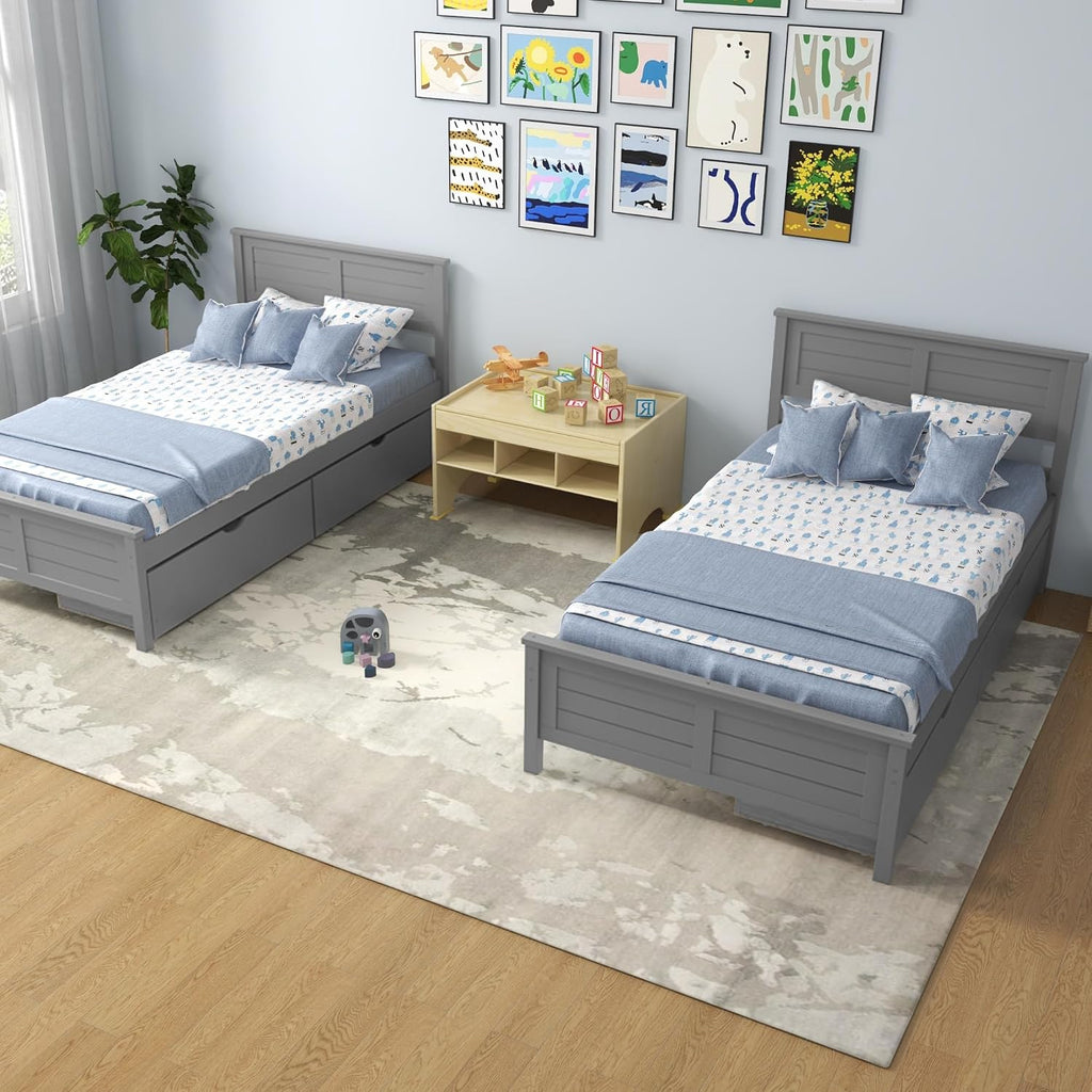 KOMFOTT Twin Size Wood Bed Frame with 2 Storage Drawers, Mid Century Platform Bed Frame with Headboard, Sturdy Wooden Slats Support, Modern Mattress Foundation, No Box Spring Required, Easy Assembly