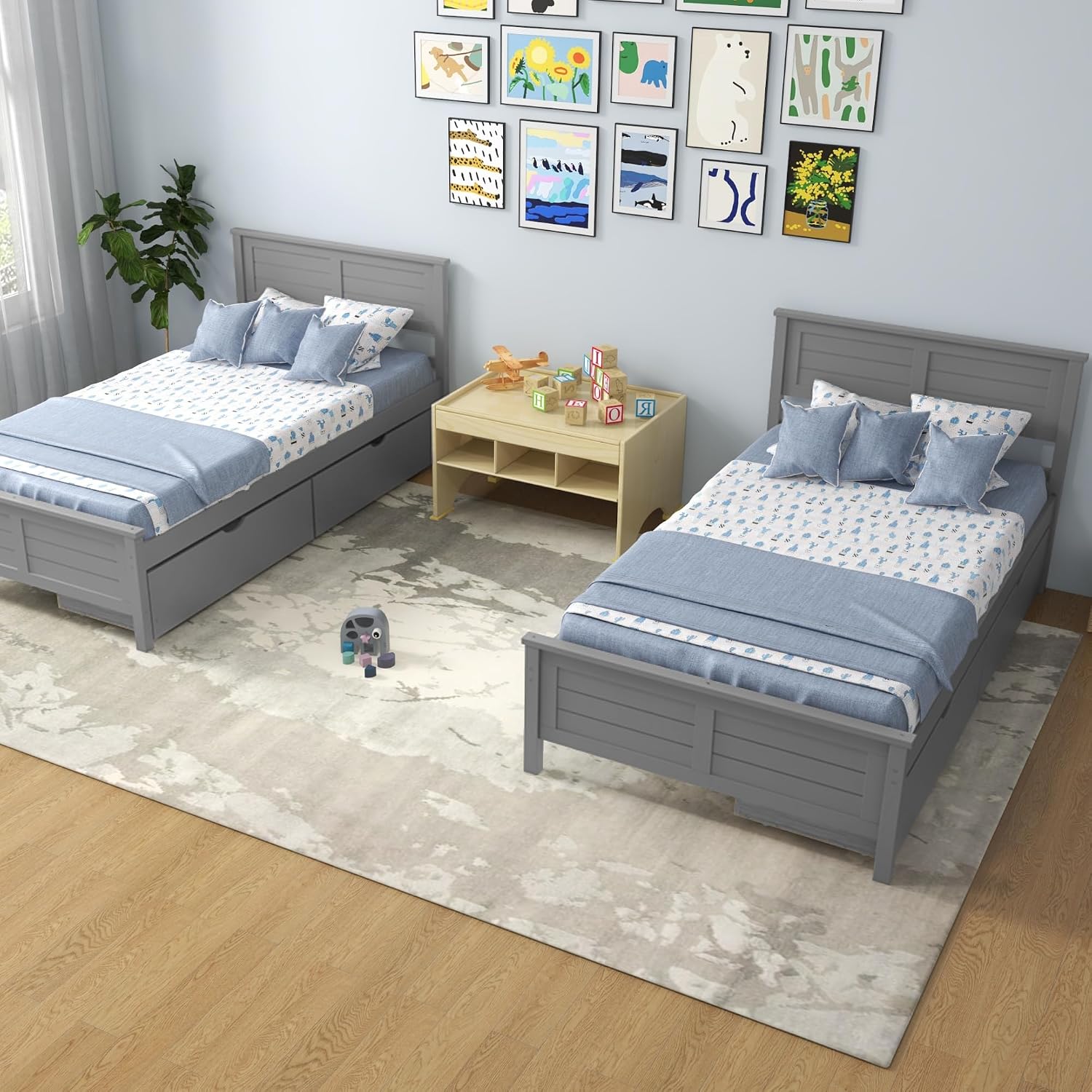 KOMFOTT Twin Size Wood Bed Frame with 2 Storage Drawers, Mid Century Platform Bed Frame with Headboard, Sturdy Wooden Slats Support, Modern Mattress Foundation, No Box Spring Required, Easy Assembly