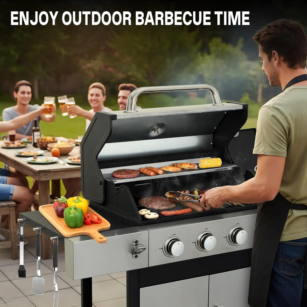 Gas Grill and Griddle Combo with Side Burner, 4-Burner Propane Grill with Porcelain-Enameled Cast Iron Grates and Double-Wall Insulated Lid, 49,000 BTU BBQ Grill for Outdoor Cooking