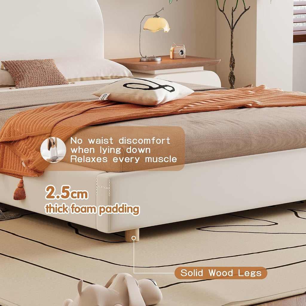 Luxurious Velvet Full Size Upholstered Platform Bed, Modern Solid Bed Frame with Curve-Shaped Design and Thick Headboard for Bedroom, Easy 15-30 min Assembly,Beige